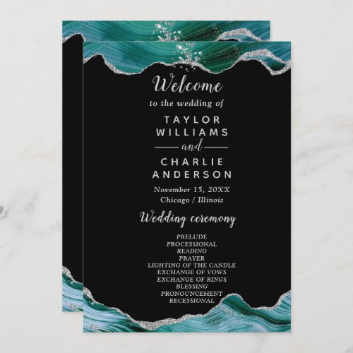 Silver and Teal Blue Agate Wedding Program