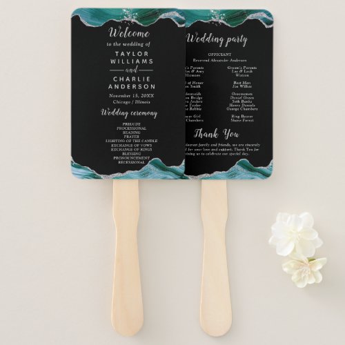 Silver and Teal Blue Agate Wedding Program Hand Fan