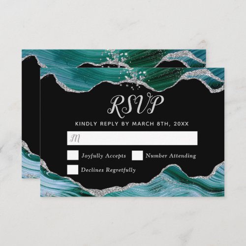 Silver and Teal Blue Agate Wedding RSVP Card