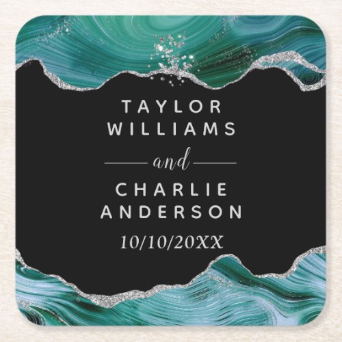 Silver and Teal Blue Agate Wedding Square Paper Coaster