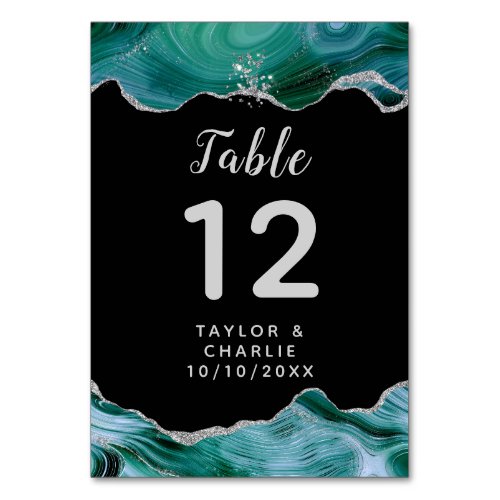 Silver and Teal Blue Agate Wedding Table Number