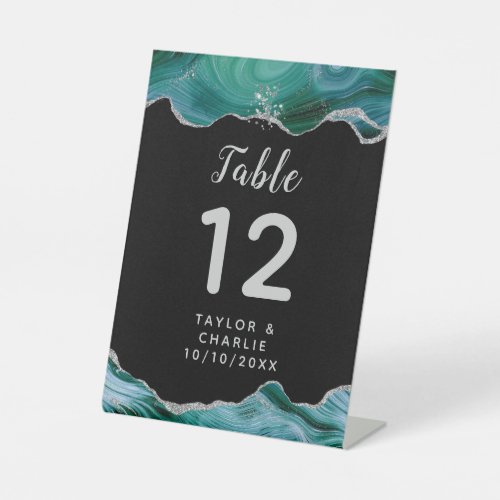 Silver and Teal Blue Agate Wedding Table Number Pedestal Sign