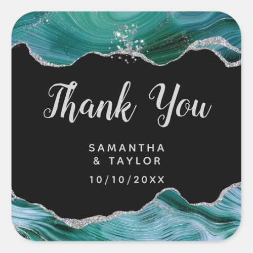 Silver and Teal Blue Agate Wedding Thank You Square Sticker