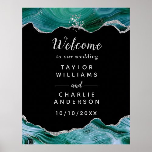 Silver and Teal Blue Agate Wedding Welcome Poster