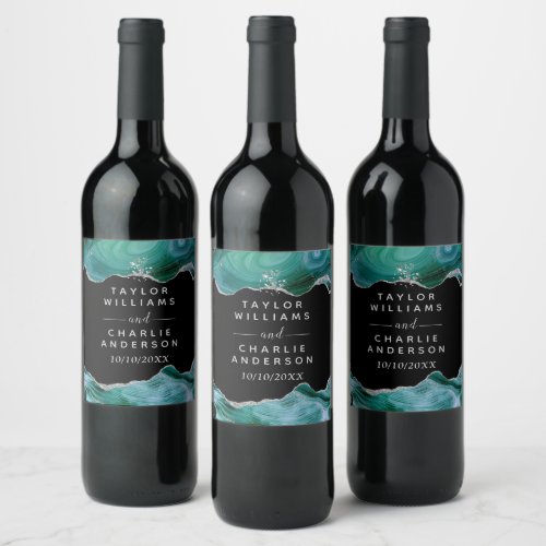 Silver and Teal Blue Agate Wedding Wine Label