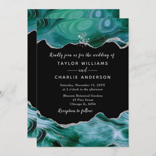 Silver and Teal Blue Faux Glitter Agate Wedding Invitation