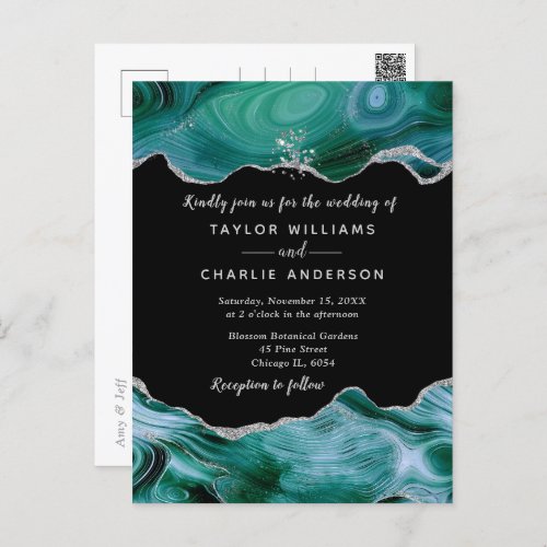 Silver and Teal Blue Faux Glitter Agate Wedding Postcard