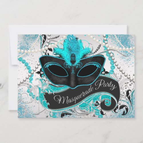 Silver and Teal Blue Masquerade Party Invitation