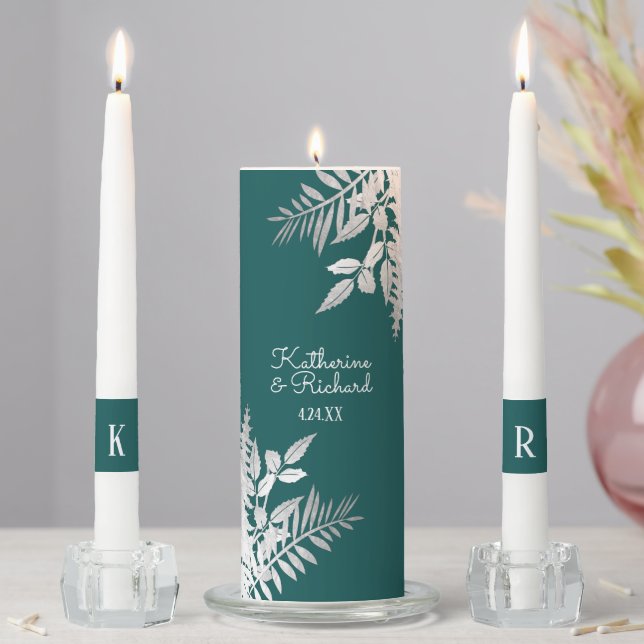 Silver and Teal Botanical Wedding Unity Candle Set (In Situ)