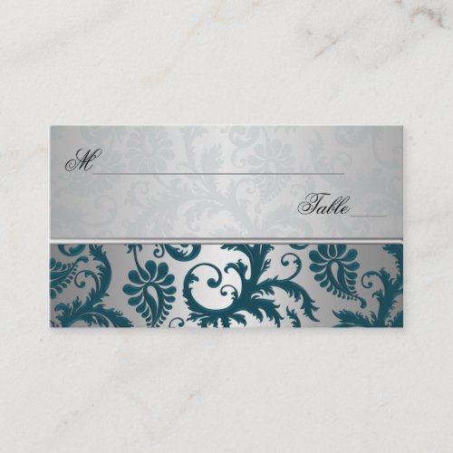 Silver and Teal Damask II Place Cards Business Card Templates