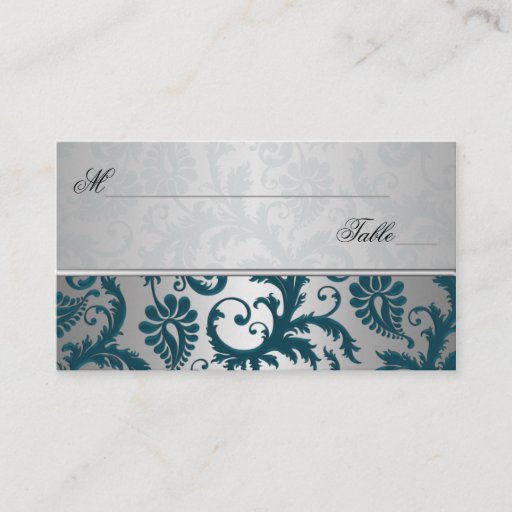 Customizable Silver and Teal Damask II Place Cards Business Card Templates