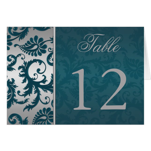 Silver and Teal Damask II Table Number Card (Front Horizontal)