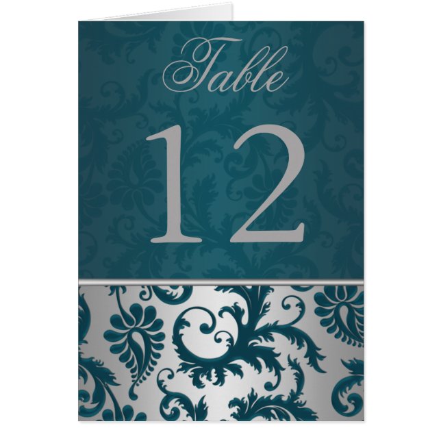 Silver and Teal Damask II Table Number Card 2 (Front)