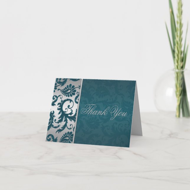 Silver and Teal Damask II Thank You Card (Front)