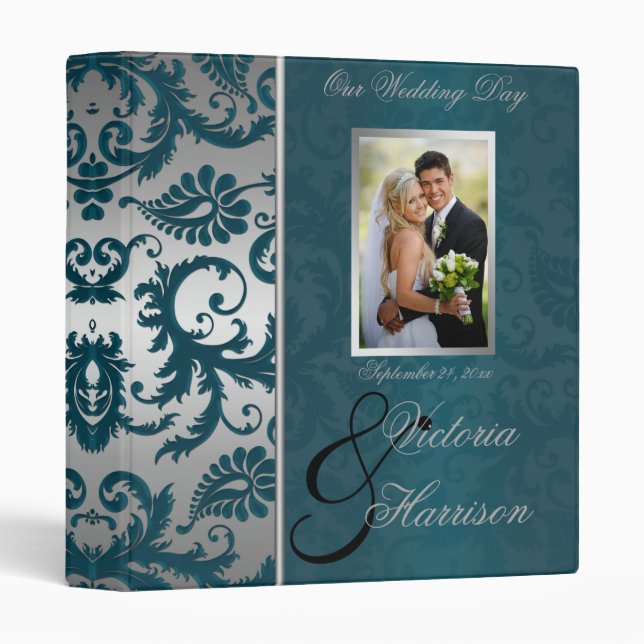 Silver and Teal Damask II Wedding Binder/Album 3 Ring Binder (Front/Spine)