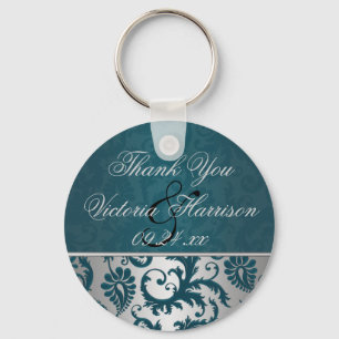 Silver and Teal Damask II Wedding Favor Keychain
