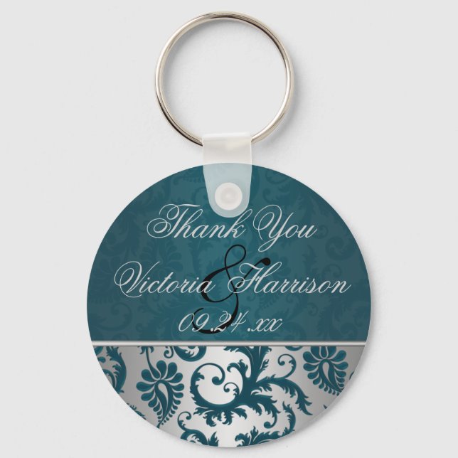 Silver and Teal Damask II Wedding Favor Keychain (Front)