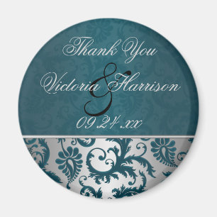 Silver and Teal Damask II Wedding Favor Magnet