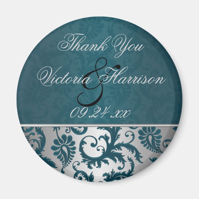 Silver and Teal Damask II Wedding Favor Magnet (Front)