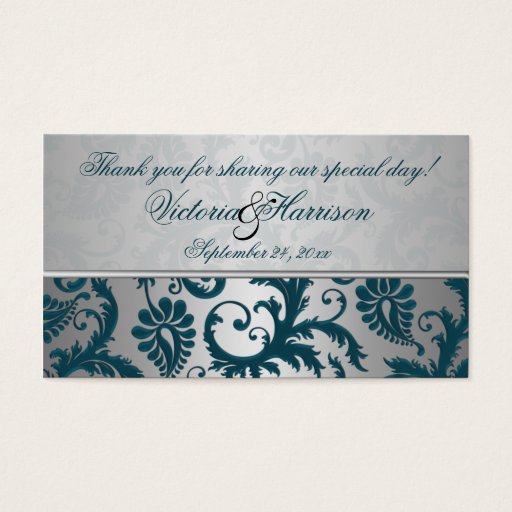 Customizable Silver and Teal Damask II Wedding Favor Tag Business Card Templates