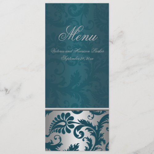 Silver and Teal Damask II Wedding Menu Card