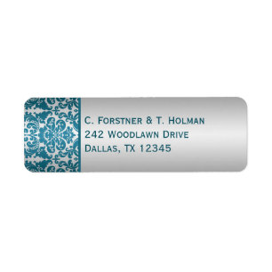 Silver and Teal Damask Return Address Label