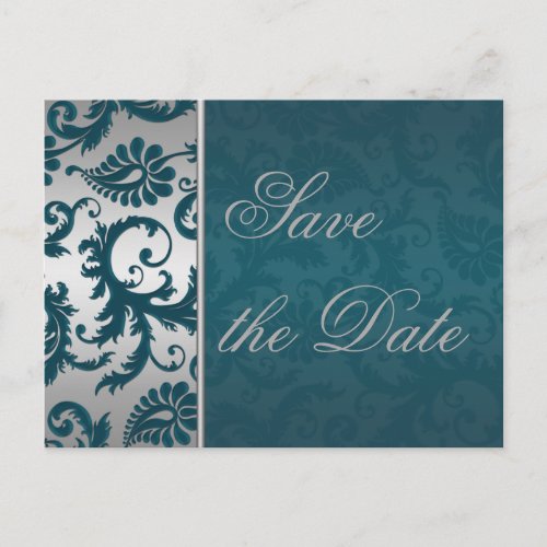 Silver and Teal Damask Save the Date Postcard