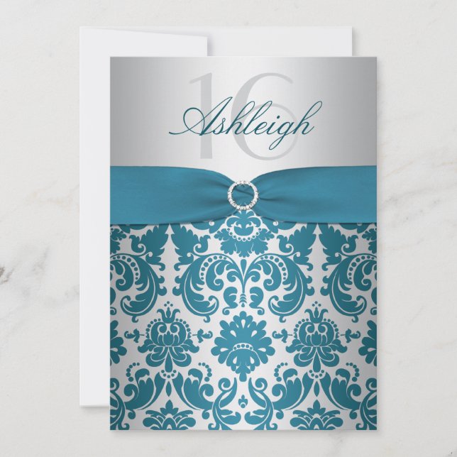 Silver and Teal Damask Sweet Sixteen Invitation (Front)