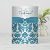 Silver and Teal Damask Sweet Sixteen Invitation (Standing Front)