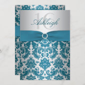 Silver and Teal Damask Sweet Sixteen Invitation (Front/Back)