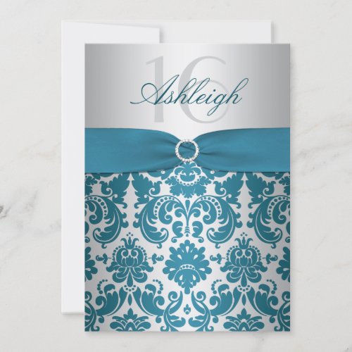 Silver and Teal Damask Sweet Sixteen Invitation