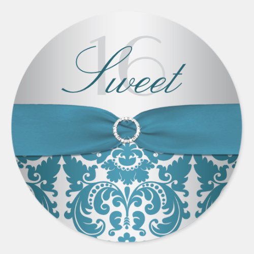 Silver and Teal Damask Sweet Sixteen Sticker