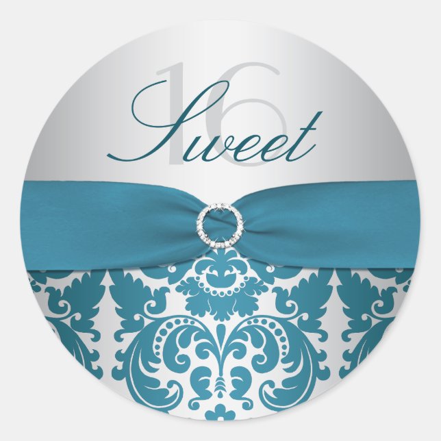 Silver and Teal Damask Sweet Sixteen Sticker (Front)