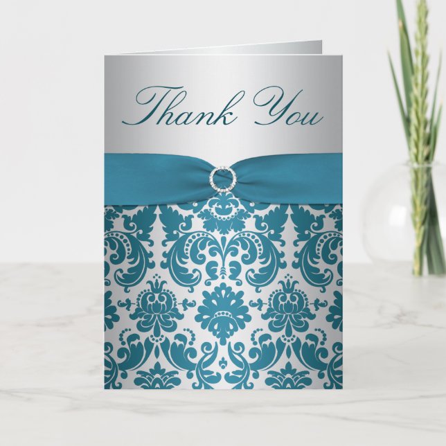 Silver and Teal Damask Thank You Card (Front)