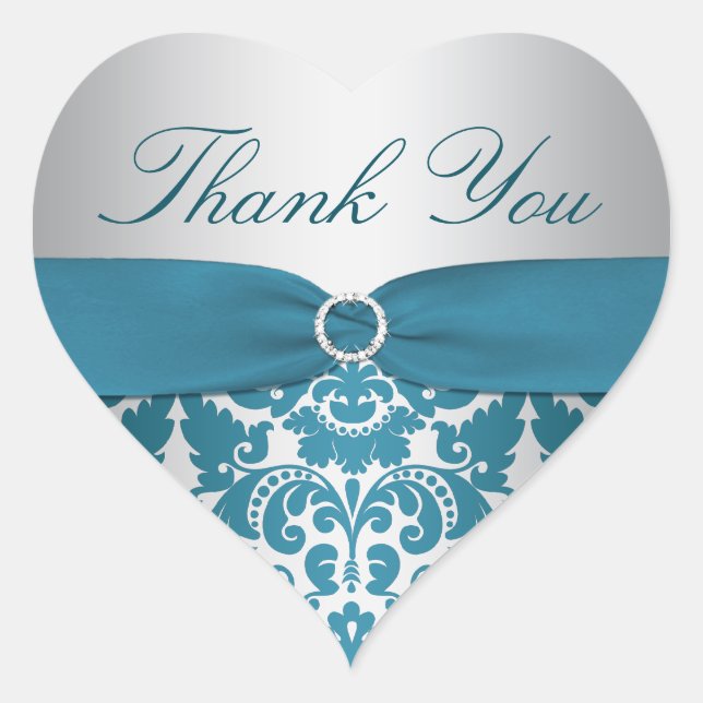 Silver and Teal Damask Thank You Sticker (Front)