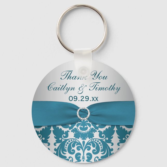 Silver and Teal Damask Wedding Favor Keychain (Front)