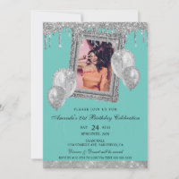 Silver and Teal Glitter Drip Photo Frame