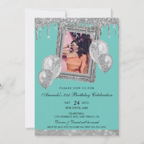 Silver and Teal Glitter Drip Photo Frame Invitation