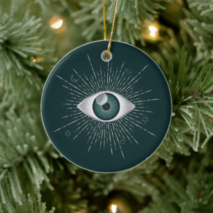 Silver and Teal Green Mystic Evil Eye Nazar Mati Ceramic Ornament