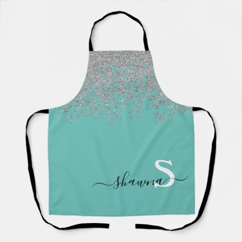 Silver and Teal Monogram Aqua Blue Sparkle Apron