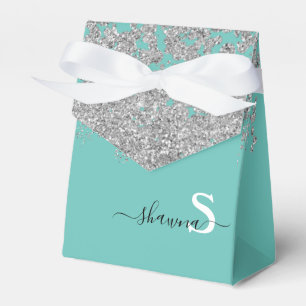 Silver and Teal Monogram Aqua Blue Sparkle Favor Boxes