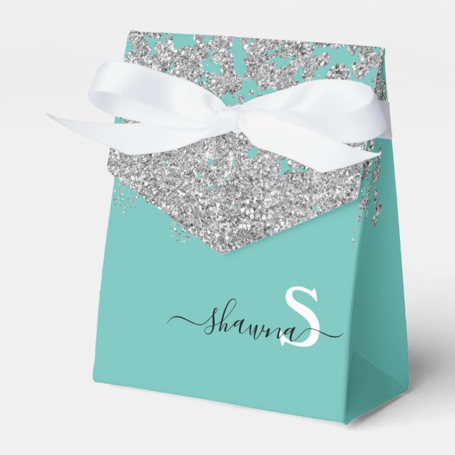 Silver and Teal Monogram Aqua Blue Sparkle Favor Boxes (Front Side)