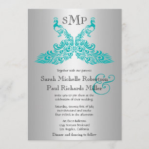 Silver and Teal Peacock Wedding Invitations