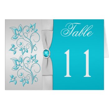 Silver And Turquoise Floral Table Number Card by NiteOwlStudio at Zazzle