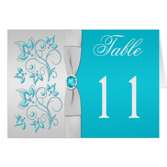 Silver and Turquoise Floral Table Number Card (Front Horizontal)