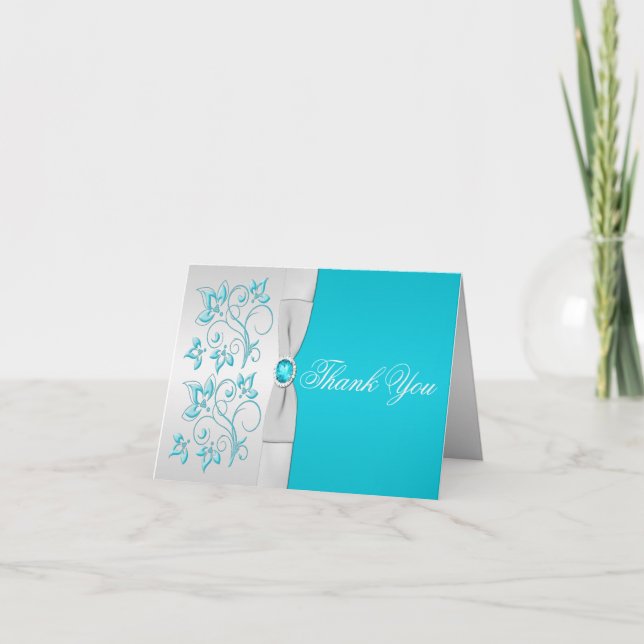 Silver and Turquoise Floral Thank You Card (Front)