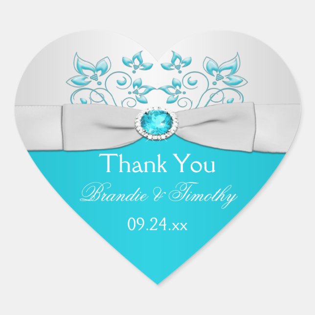 Silver and Turquoise Floral Wedding Favor Sticker (Front)
