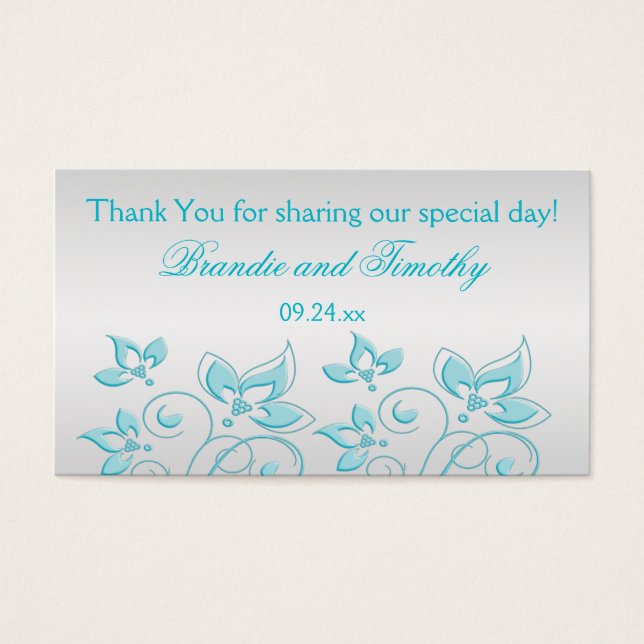 Silver and Turquoise Floral Wedding Favor Tag (Front)