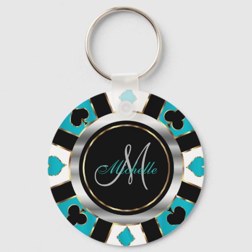 Silver and Turquoise Poker Chip Design _ Monogram  Keychain