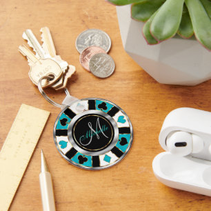 Silver and Turquoise Poker Chip Design - Monogram Keychain